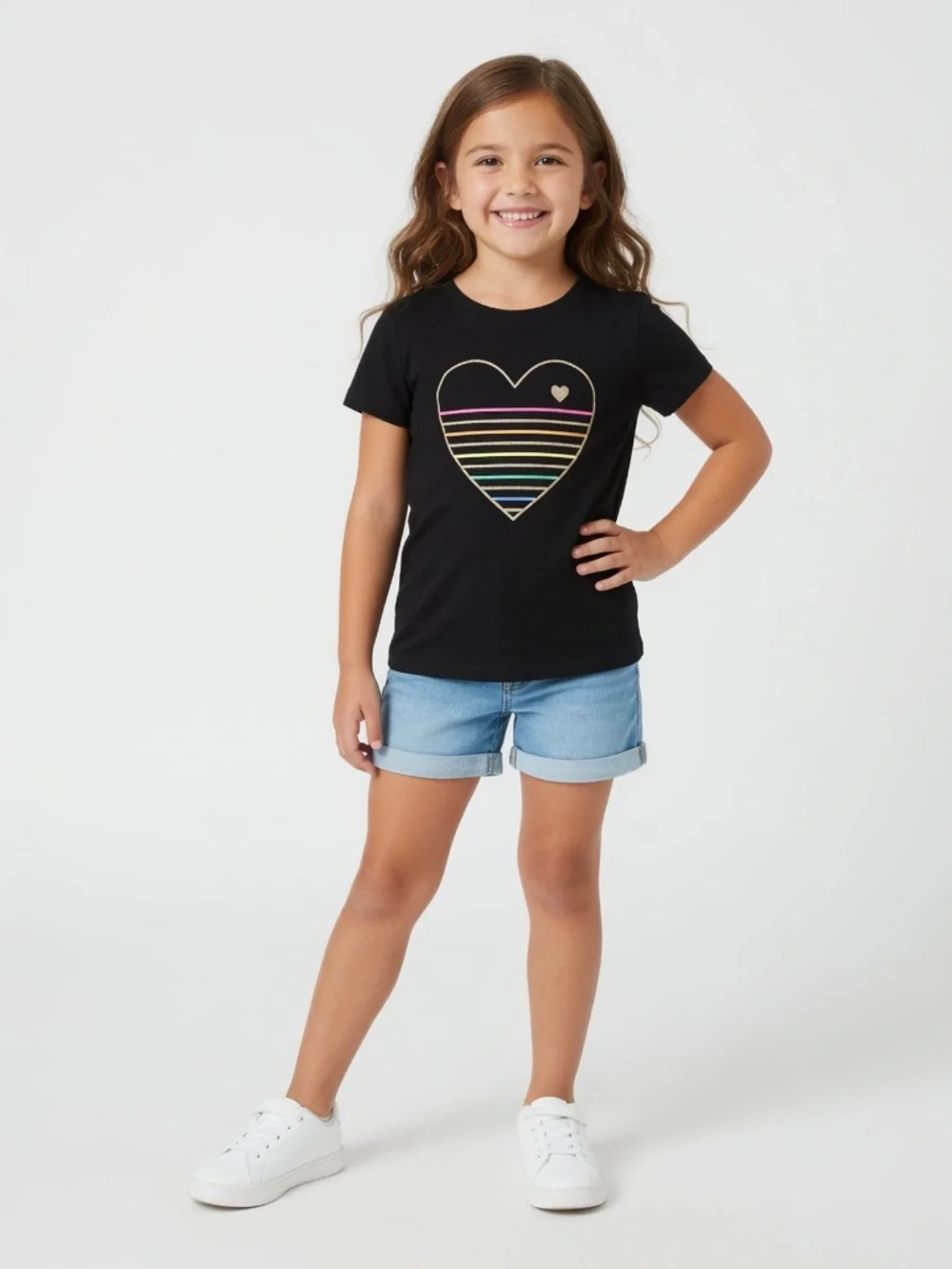 Cat & Jack Black Short Sleeve Tee with Gold Heart and Rainbow Stripes